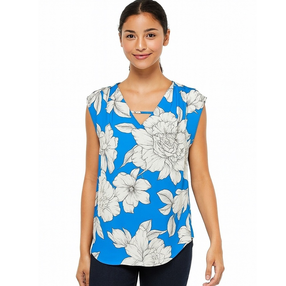 Banana Republic Blouse Top Blue White Floral Cap Sleeve V Neck Side Slit Chic S